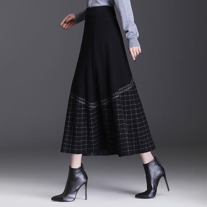 Women's Autumn Winter Midi Knitted Skirt Female Skirt High Waist Thicken Solid Slim A-line Skirt