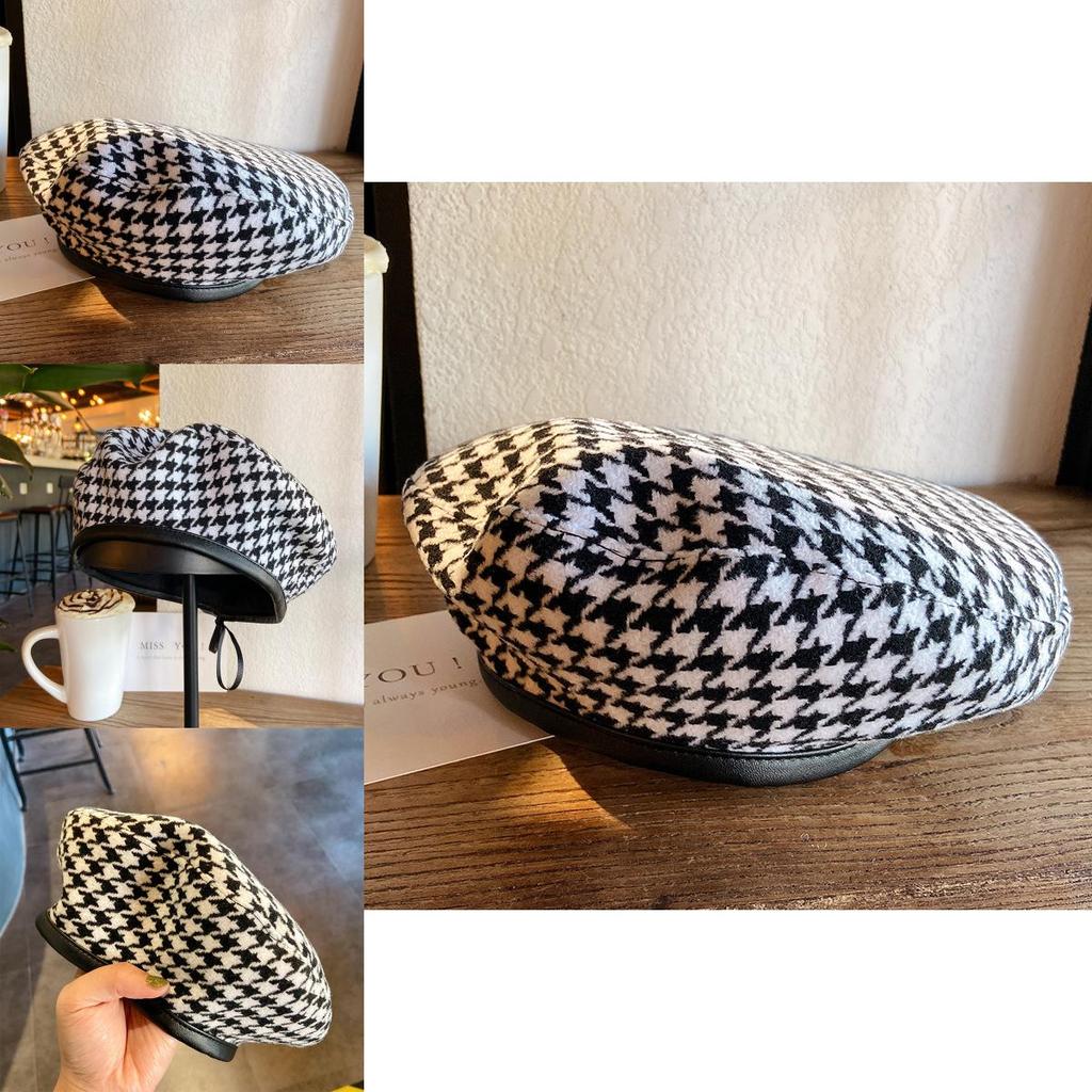Elegant Casual Houndstooth Beret Women's Flat Top Summer Hat In Black