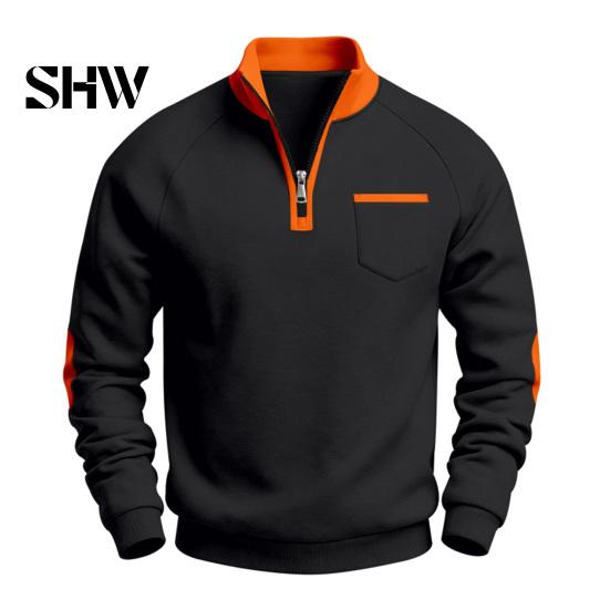 Solid Color Zip Up Tops Men Quarter Zipper Pullover Tops, Mock Neck Long Sleeve Sweatshirt, Contrast Winter Warm Casual Sport with Chest Pocket, Fall