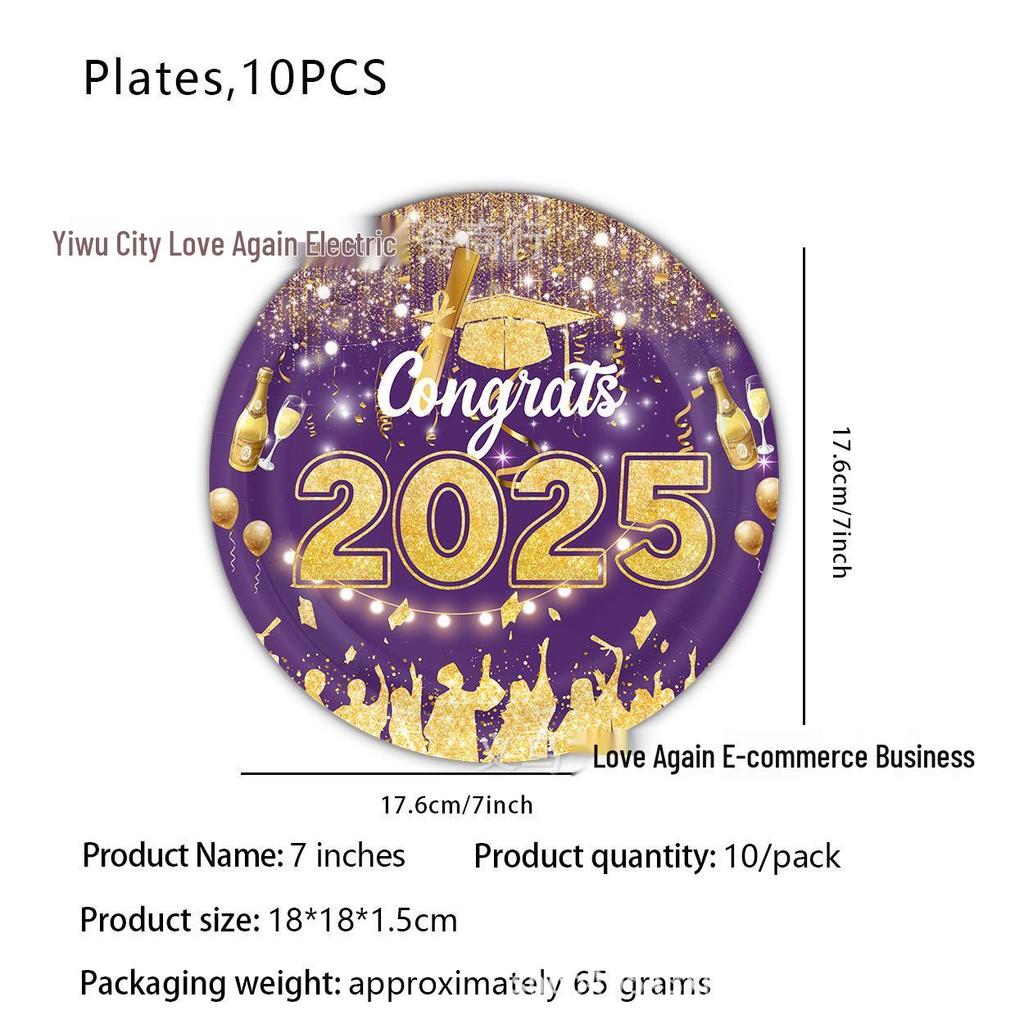 Graduation Party Disposable Tableware Set: Paper Plates, Cups, Banner, Tablecloth, and Knives. Perfect for University Graduation Celebrations.