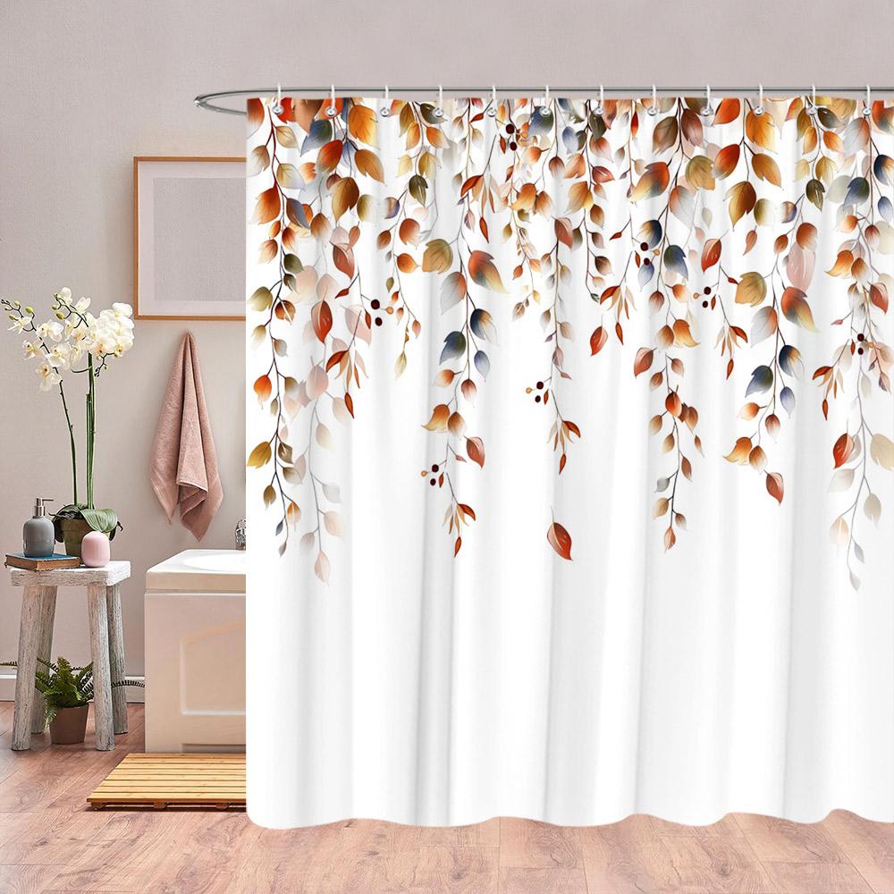 Autumn Eucalyptus Leaves Watercolour Shower Curtain Sagging Yellow Leaves Thanksgiving Gift Fabric Shower Curtain Bathroom Decor