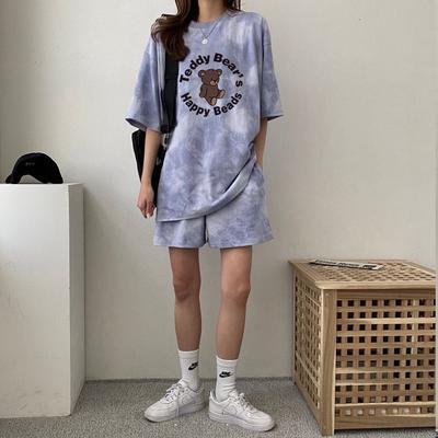 Women Summer Casual Sports Loose Short Sleeve Top & Shorts Cute Bear Tie-dye Printed Cotton Outfit  Two Piece Clothes Set