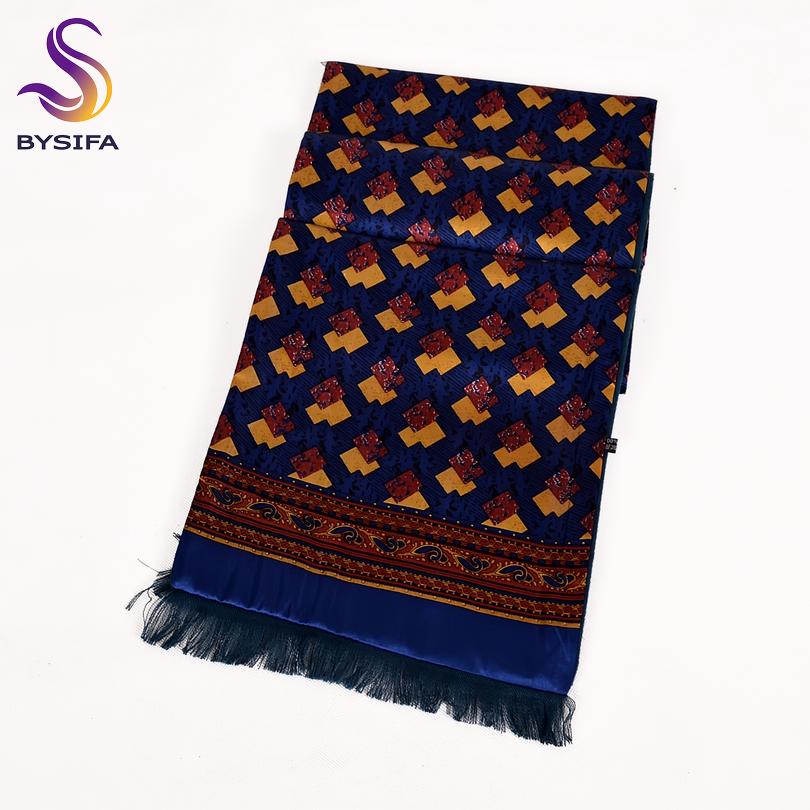 [BYSIFA] Winter Men Warm Scarves Thicken Fashion Luxury 100% Silk Male Business Long Scarf Cravat Navy Blue Neck Scarf 165*24cm