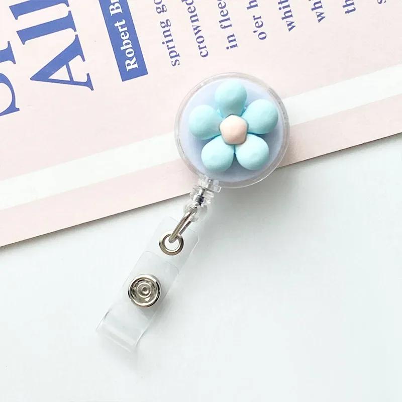 Women Cute Flower Retractable Badge Reel ID Lanyard Name Tag White Collar Badge Holder Reels Keychain Card Holder Accessories
