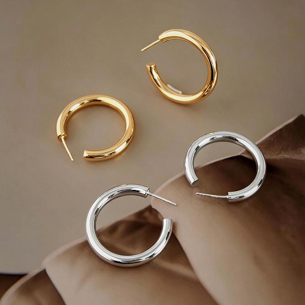 Earrings: 925 Sterling Silver with Gold Plating, Simple Smooth Large Hoops, Plain Studs, Light Luxury, High-End Feel
