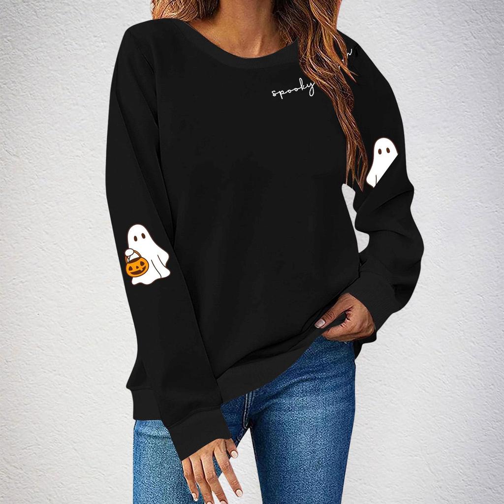Women's Halloween Ghost Print Fleece Lined Crew Neck Sweatshirt, European Sizes S-3XL - Long Sleeve Casual Sportswear