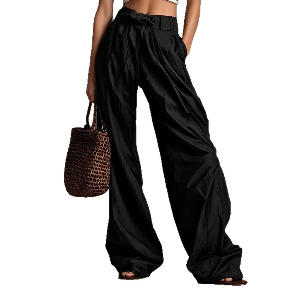 Women High Waist Wide Leg Pants Tie Front Belted Loose Palazzo Pants Multi-Color Casual Flowy Trousers