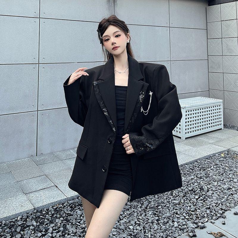 Niche Design Black Blazer for Women Spring Autumn Loose Fit Patchwork Fake Two Piece Shoulder Padded Fashion Outerwear