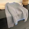 Women's European-Style Thick Wool Sweater, Autumn/Winter, Loose Fit, Soft, Color-Blocked, Round Neck, Short Knitted Base Layer.