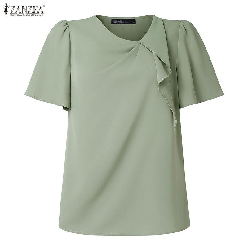 ZANZEA Women Casual Irregular Collar Solid Color Loose Short Sleeve Blouse