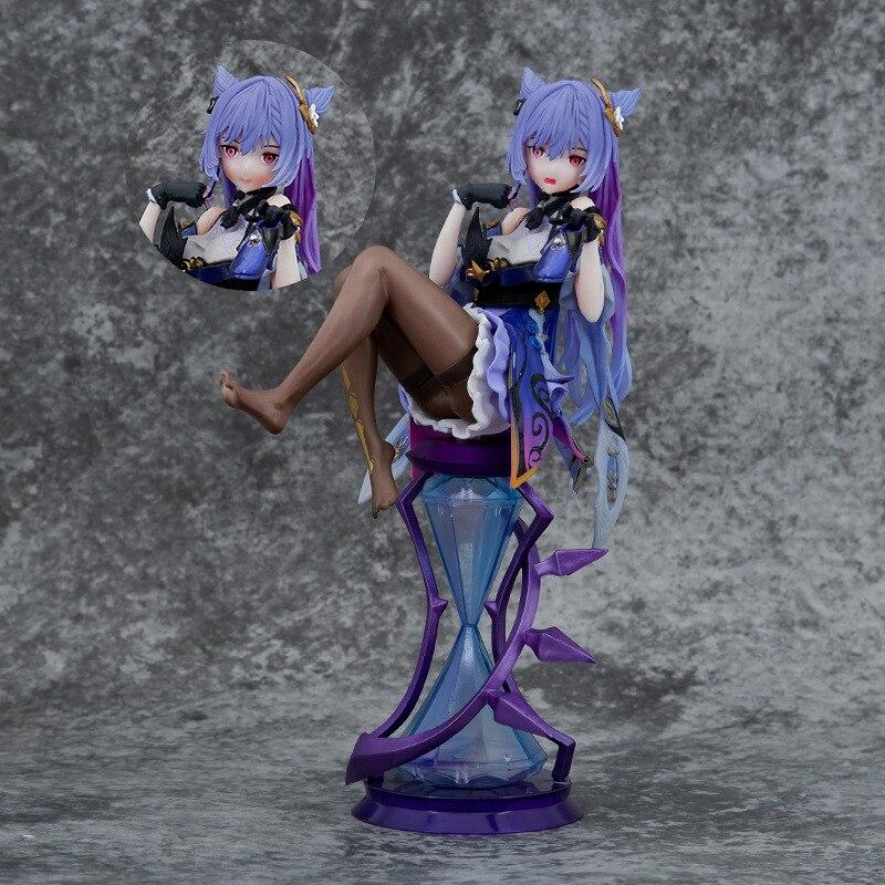 22cm Genshin Impact Anime Figurka Keqing Pvc Figurka Akcji Seksowne Nogi w Czarnej Jedwabnej Pończochy Siedząca Figurka z Gry Model Kolekcjonerski Lalka Prezent