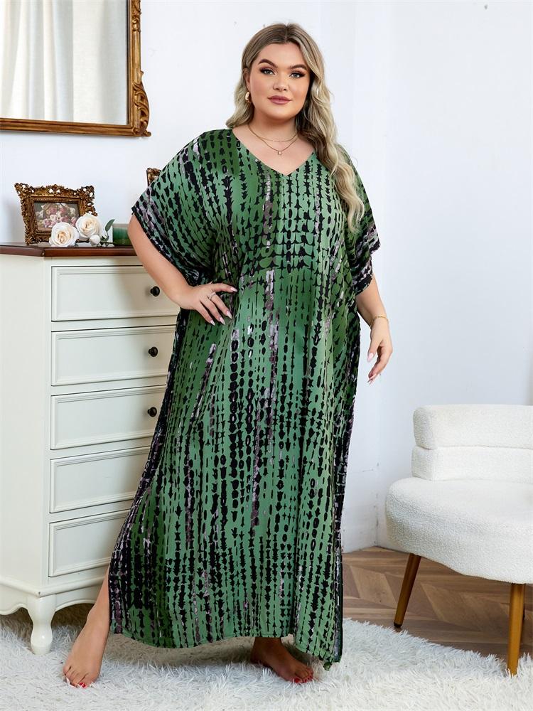 EDOLYNSA 2024 Casual V Neck Green Dark Stripe Tie-Dye Grande Taille Kaftan Femmes Été Boho Imprimé Robe De Plage Maillot De Bain Cover Up Q1218