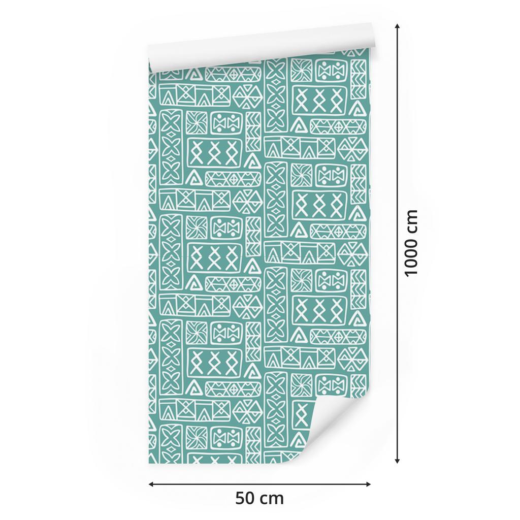 Polynesian Geometric Pattern Wallpaper in Sea and Turquoise 50x1000