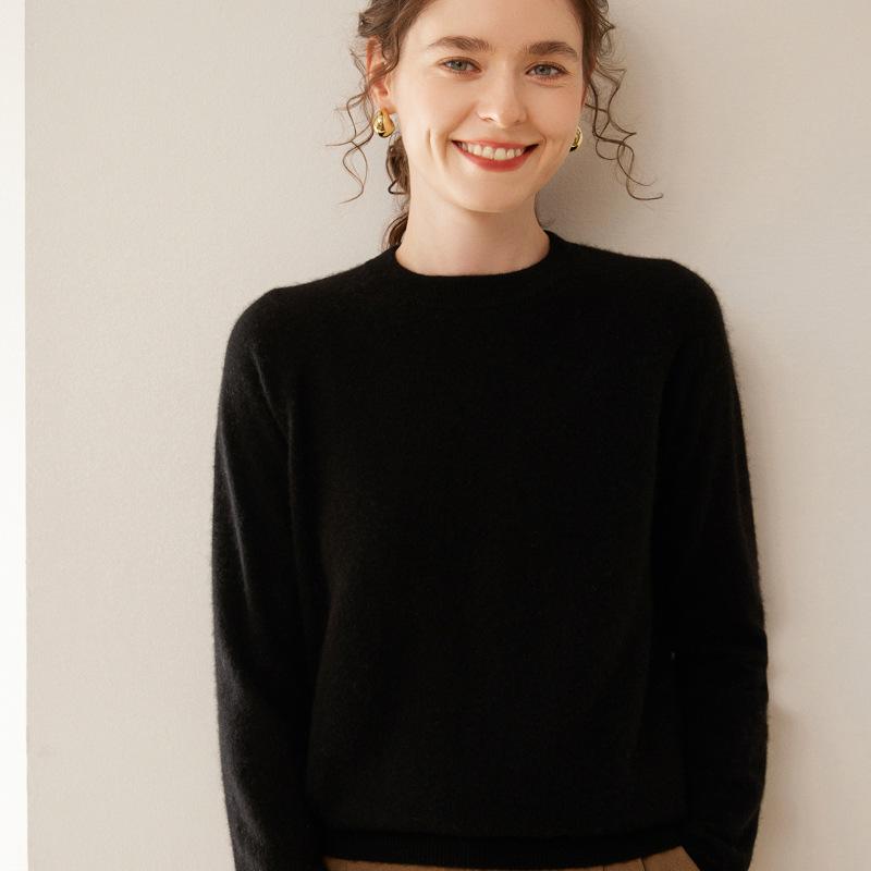 Women's Cashmere Round Neck Sweater - Solid Color Pullover for Autumn/Winter