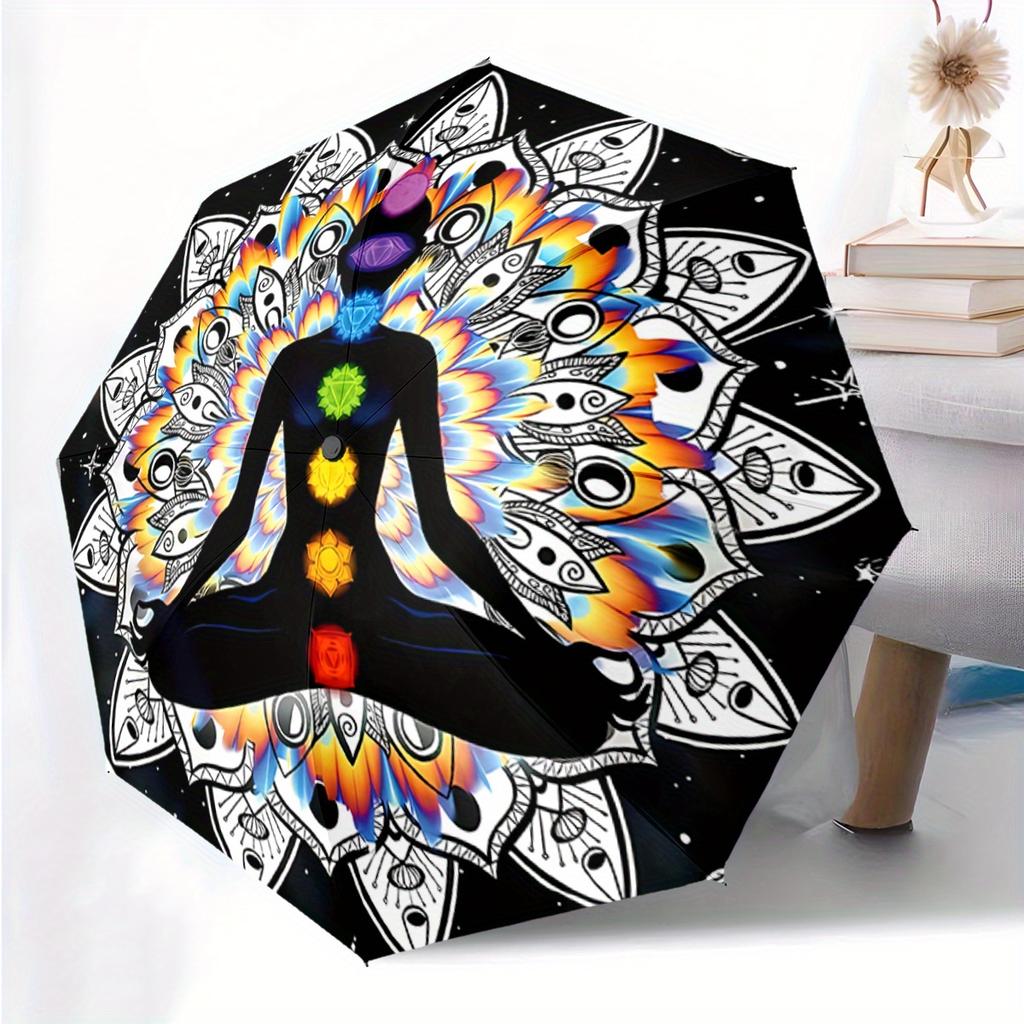 1pc Automatic Folding umbrella with Chakra Yoga Design - Automatic Open/Fold, 8-Rib sturdy structure, Yoga Meditation, Portabl