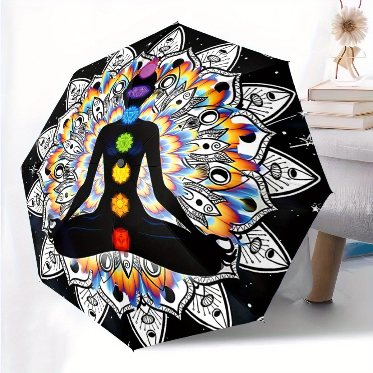 

1pc Automatic Folding umbrella with Chakra Yoga Design - Automatic Open/Fold, 8-Rib sturdy structure, Yoga Meditation, Portabl
