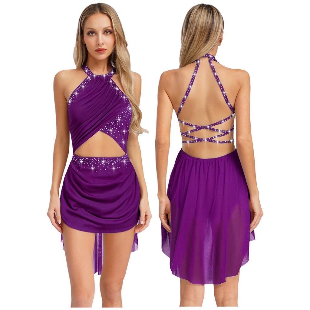 Modernes lateinamerikanisches Jazz-Lyrisches Samba-Tanzkleid für Erwachsene und Damen, Bühnenkostüm, Wettkampfkostüm, glitzernder Strass-Trikotrock
