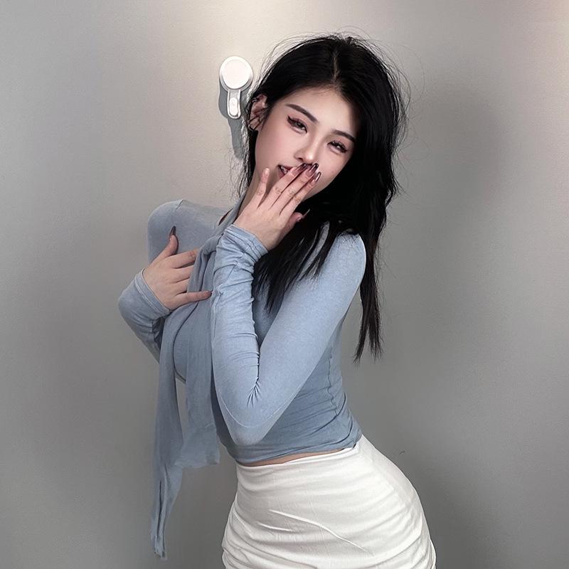 Korean Sexy Feminine Slim-Fit High-Neck Long-Sleeve Top for Women