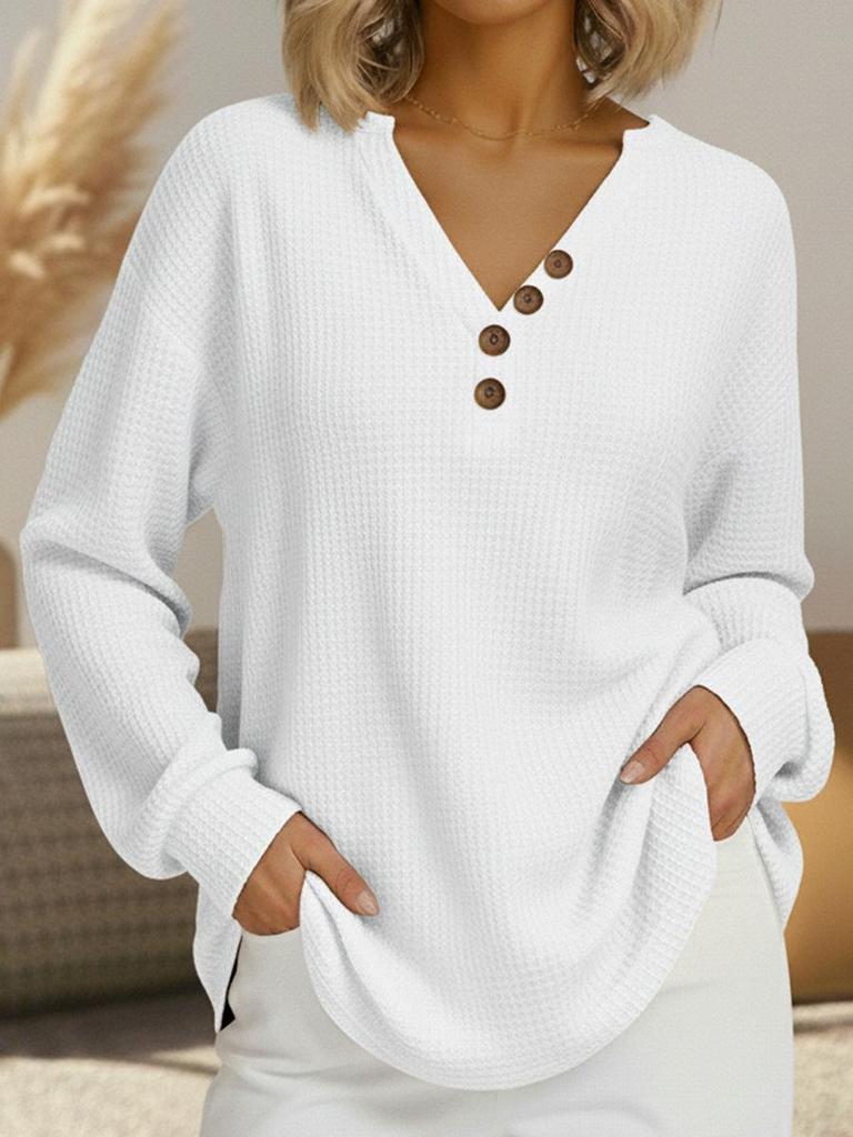 2025 Women's Autumn/Winter V-Neck Button Waffle Long-Sleeve Casual Sweatshirt