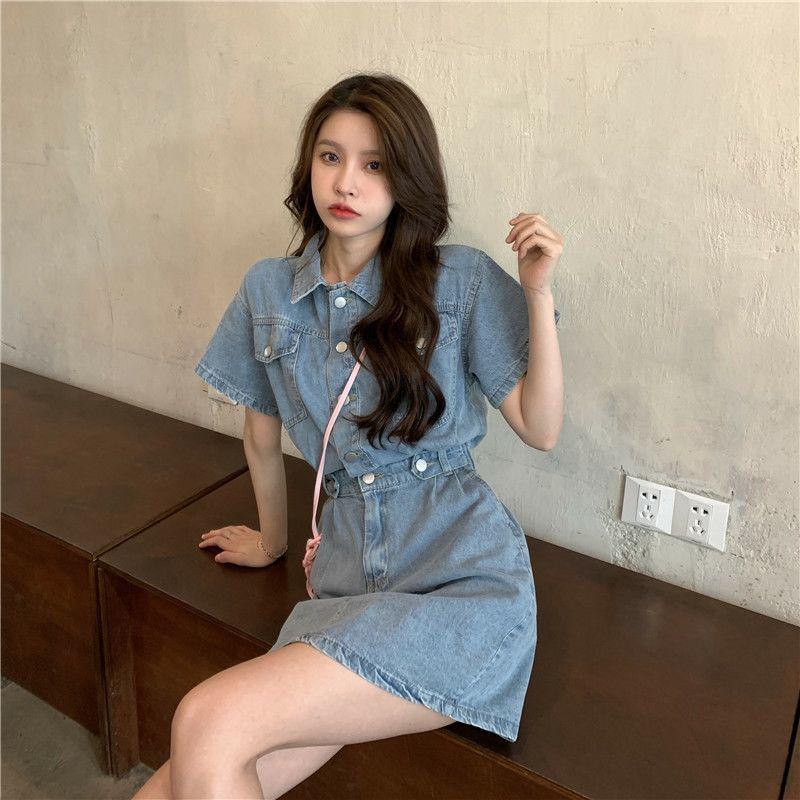 French-Inspired Polo Collar Denim Dress: Slimming A-Line Retro Korean Style for Women