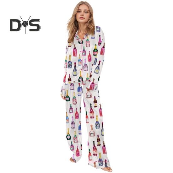 Dámské pyžamo s dlouhým rukávem a knoflíky na láhev šampaňského, košile a kalhoty na spaní, ležérní sada s potiskem sklenic na víno, 2dílná sada domácího oblečení