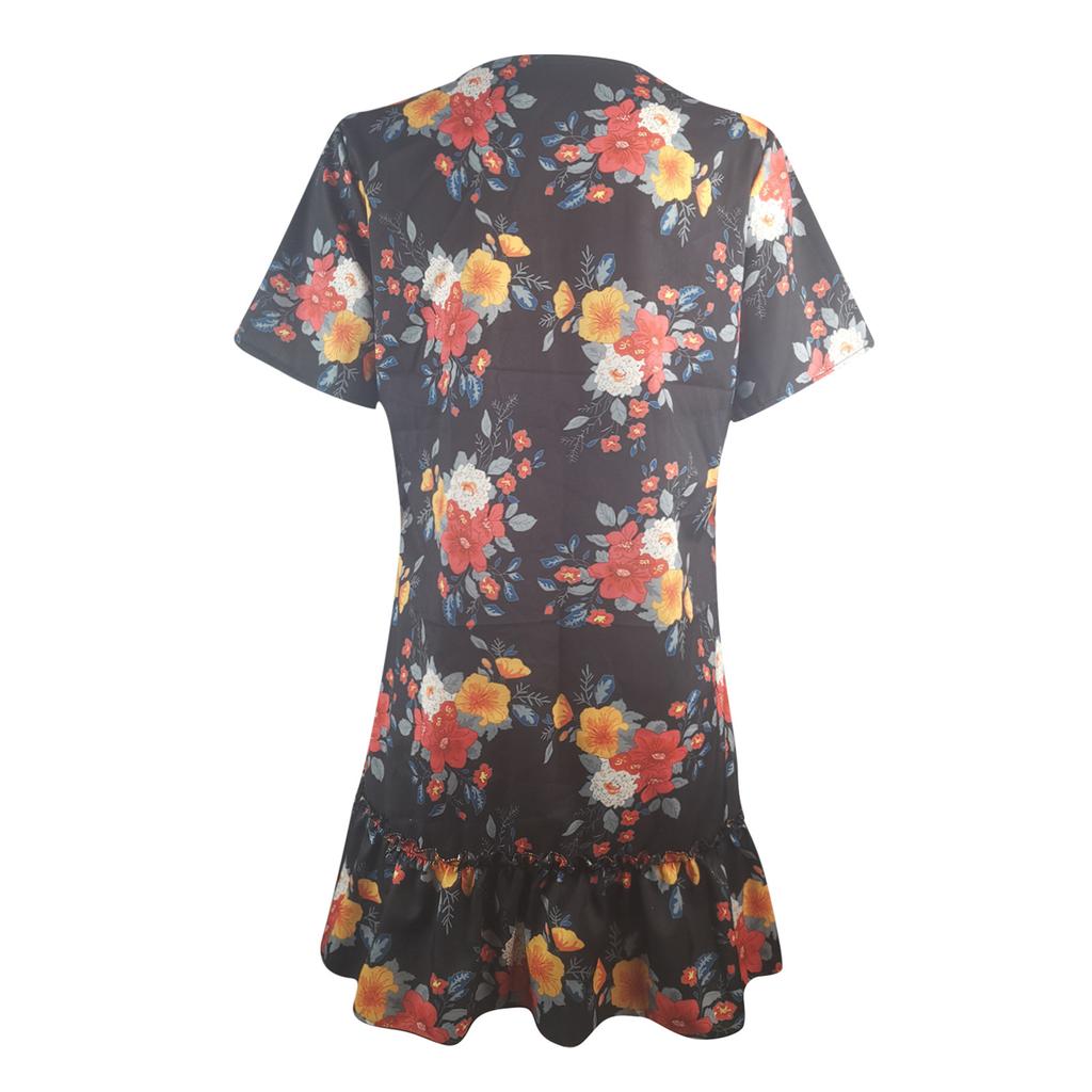 Fashion Women V-neck Printed Short Sleeve Dress Fresh Girly Dress