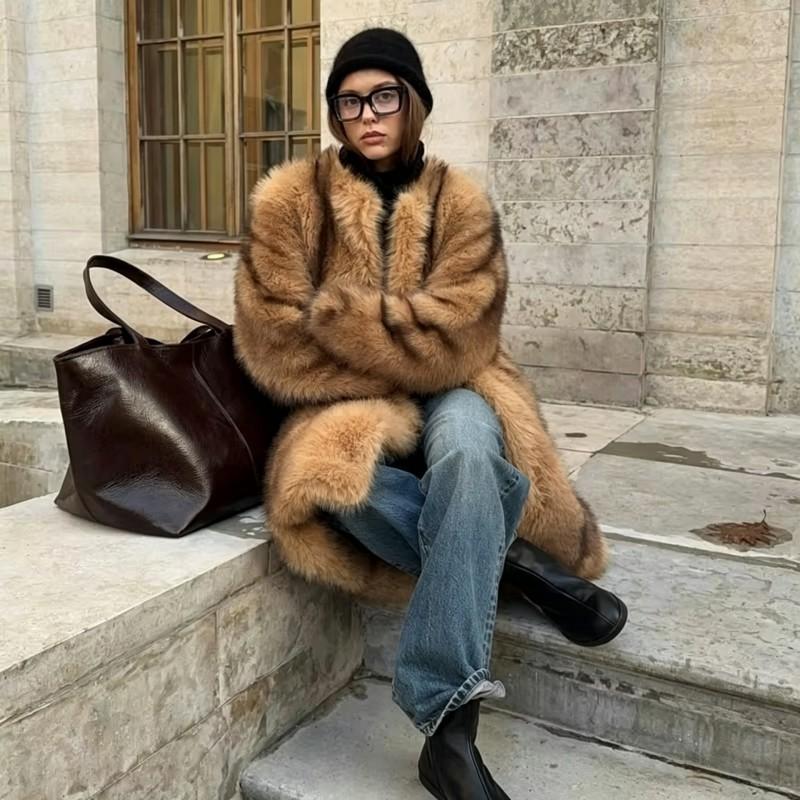 Color Block Striped Faux Fur Coat Long Warm Fashion Eco Jacket Women
