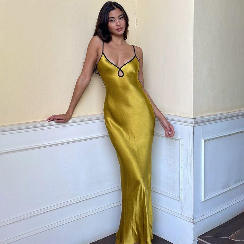 

Fashion Silm Elegant Fancy Satin Sling Dress V Neck Hollow out Strap Bare Back Slim Fit Long Dress Women Green L