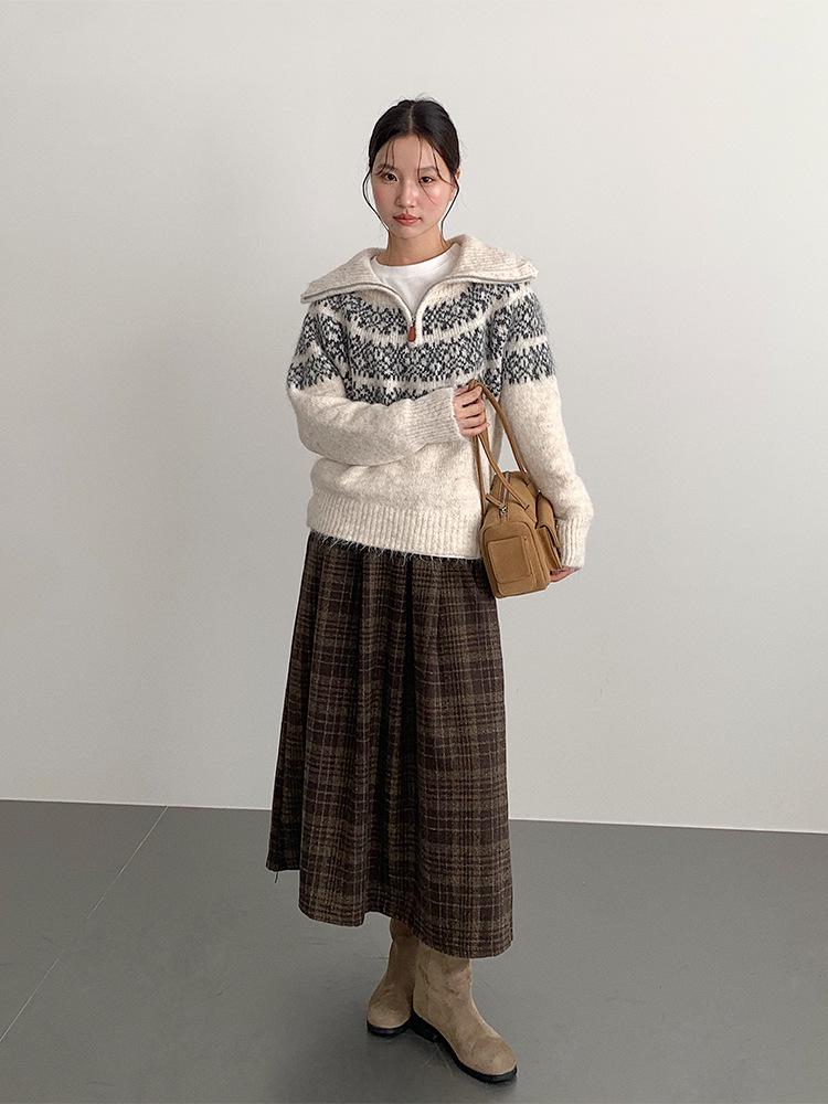 Ou Fan Retro Plaid Woolen Pleated A-line Skirt with Elastic Waist for Autumn/Winter