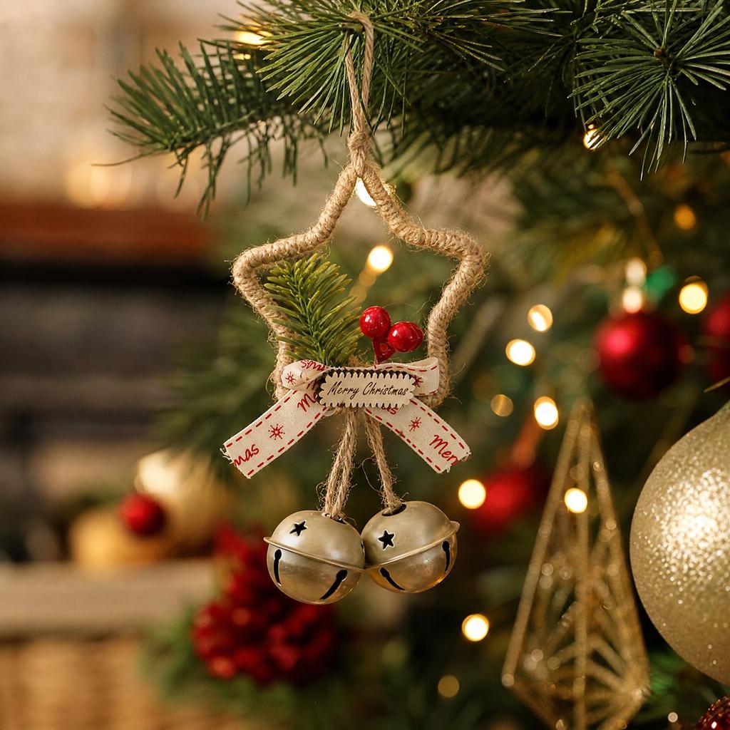Christmas Star Bell Ornament with Hanging Decoration for Tree, Wall, Door - Five Pointed Star Bell Pendant for Holiday Home Decor