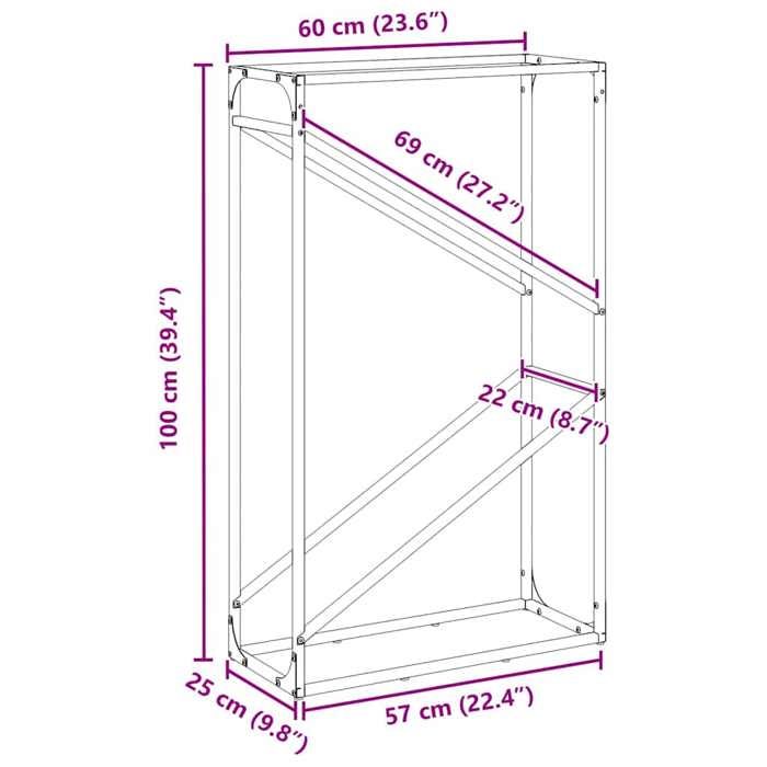 VidaXL Portant de bois chauffage noir 60x25x100 cm, support à bûches de cheminée, support à bûches, support à bûches, 864327