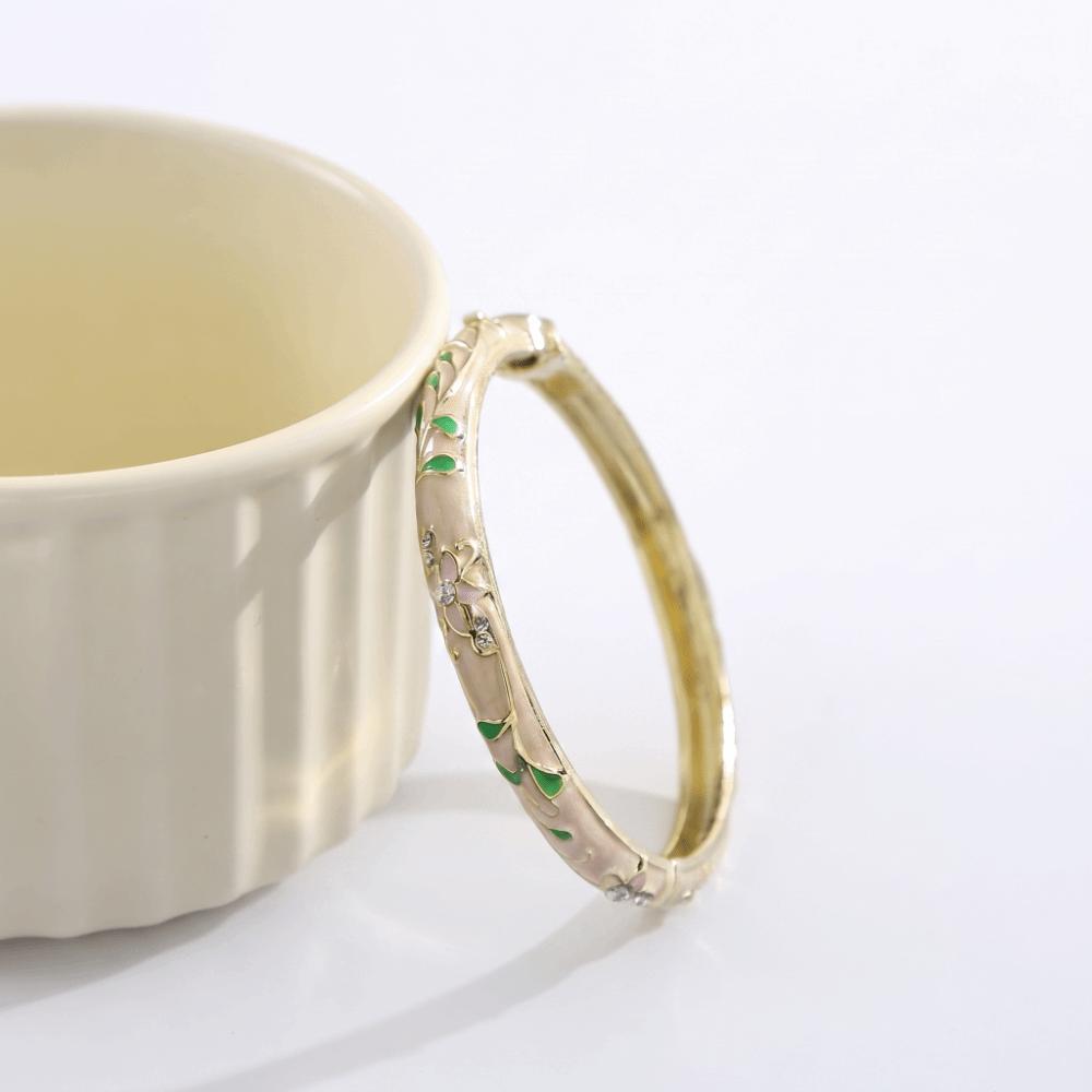 Gold Plated Enamel Bangle Bracelet Retro Light Luxury Flower Enamel Bangle Traditional Chinese