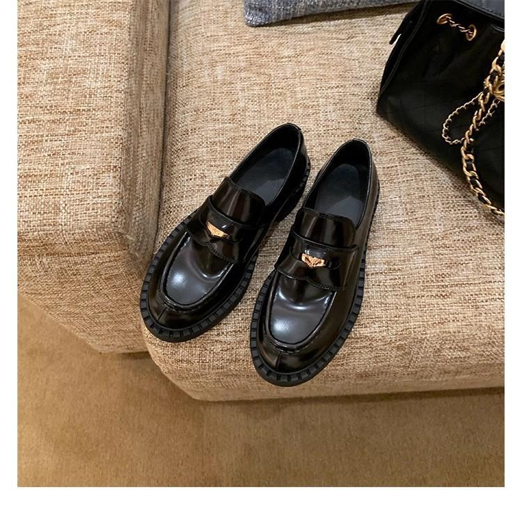 Retro British platform one-pedal loafers women's small gold coins thick heel lazy small leather shoes