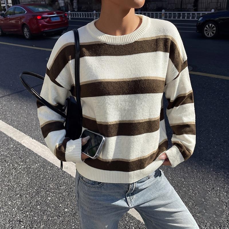 Europe, America 2026 Autumn and Winter New American Retro Style Knitted Sweater Loose Shoulder Long Sleeve Crew Neck Striped Sweater