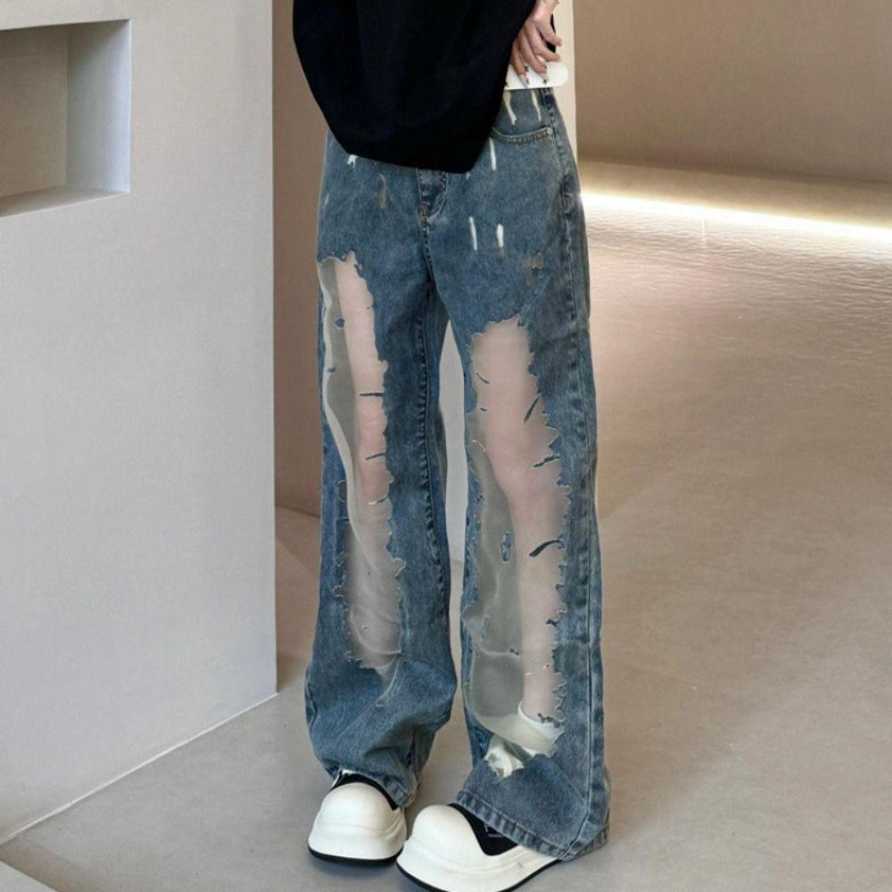 High Waist Casual Mesh Jeans Loose Baggy Pants Unique Wide Leg Denim Pants  Daily