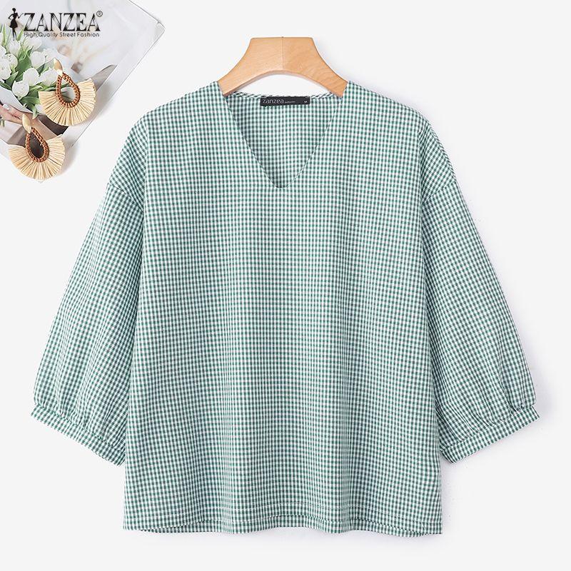 ZANZEA Blusa Casual de Mujer con Estampado a Cuadros, Cuello en V y Mangas 3/4, Holgada