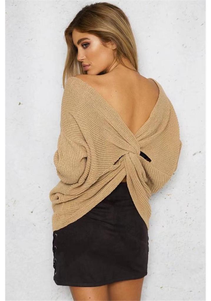 Women's 2018 Autumn Winter Knitwear: Round Neck Backless Cross Sweater for Office Commuting