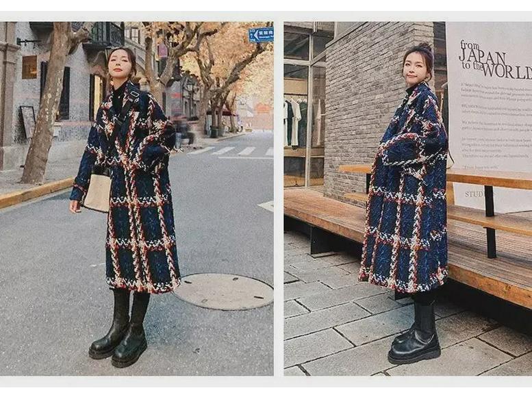 Vlněný kabát ve stylu Xiaoxiang: Kontrastní barva, Volný střih, Středně dlouhá délka