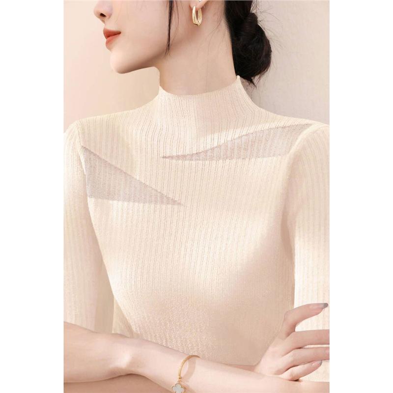 Women Half‑High Neck Lace Knit Top Summer Tencel Mesh Hollow 5/4 Sleeve Slim Ice Silk Blouse S‑3XL