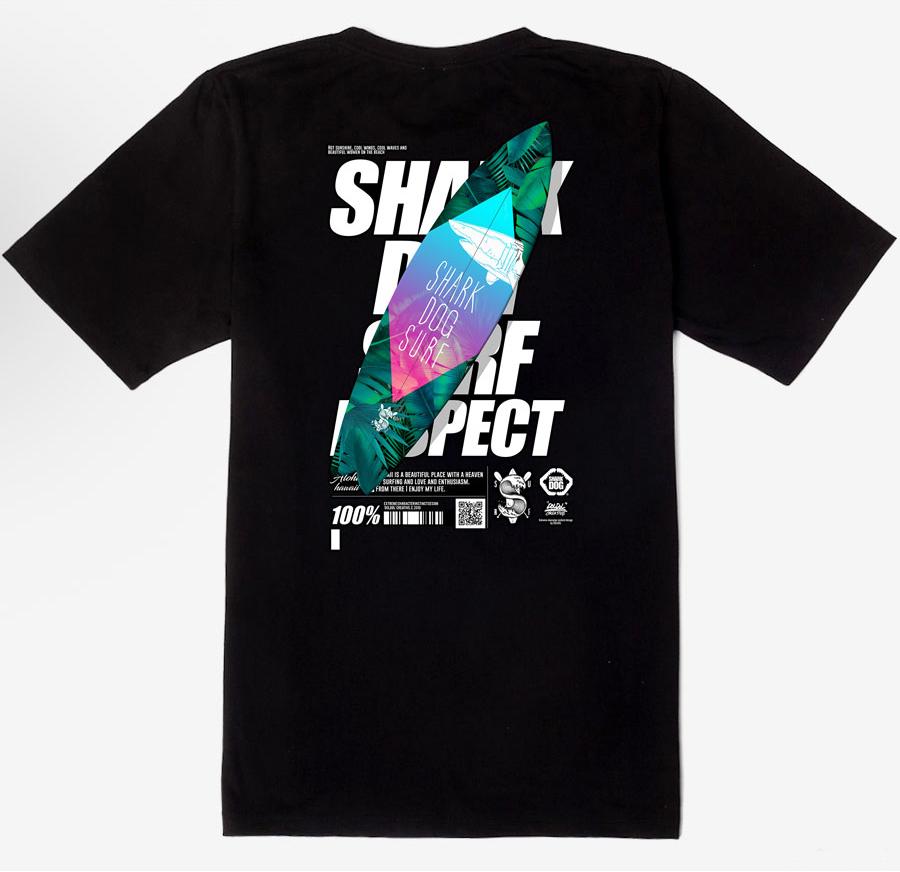Doldol Shark-Dog_Tshirts-207 Shark Dog Surfing Hawaii Graphic T-Shirt Short Sleeve T-Shirt Black/L