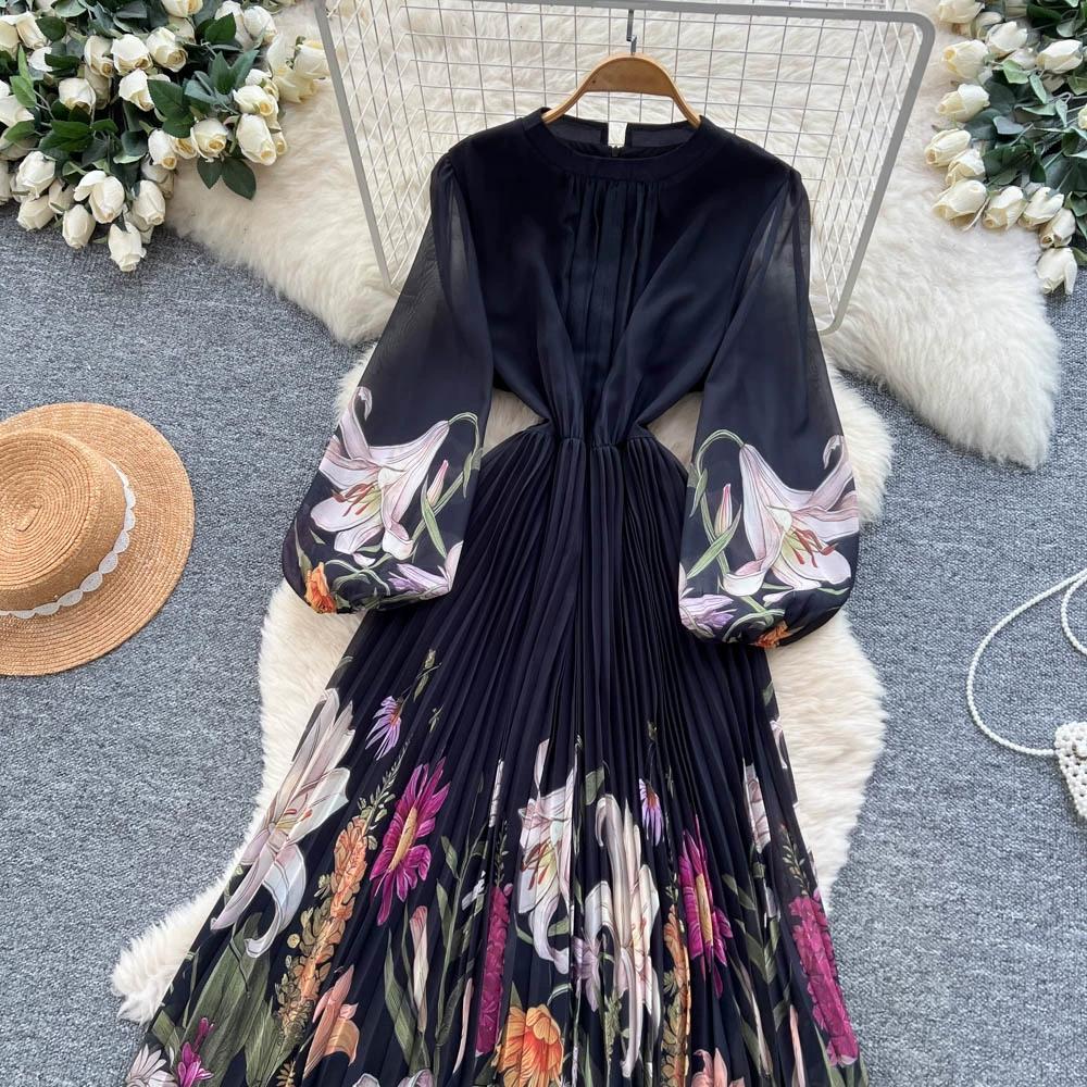 Hochwertiges bedrucktes Kleid für Damen Frühling Herbst A Schlank machende Taille und elegantes plissiertes langes Damenkleid