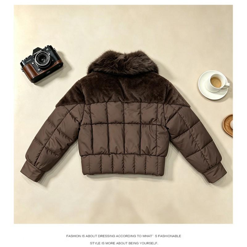 Womens Short Puffer Coat With Faux Fur Collar Loose Warm Winter Jacket In Khaki Black Beige Coffee