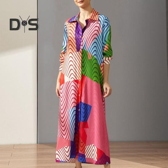

Женское платье с цветными блоками, абстрактным художественным преувеличенным принтом, свободное однобортное платье длиной до щиколотки с лацканами и длинными рукавами, женское платье XL разноцветный