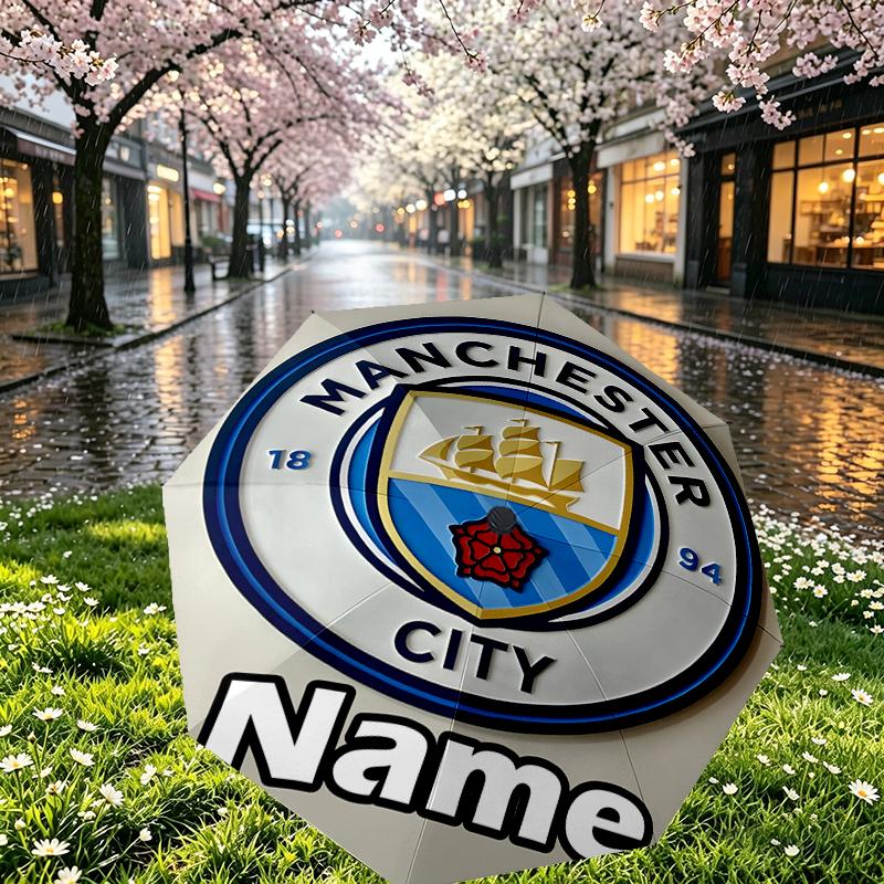Custom Name Personalized Manchester City FC Print Umbrella, Auto Open Close, 8‑Rib Sturdy Frame, Commute Camping Hiking Use, Birthday Gift
