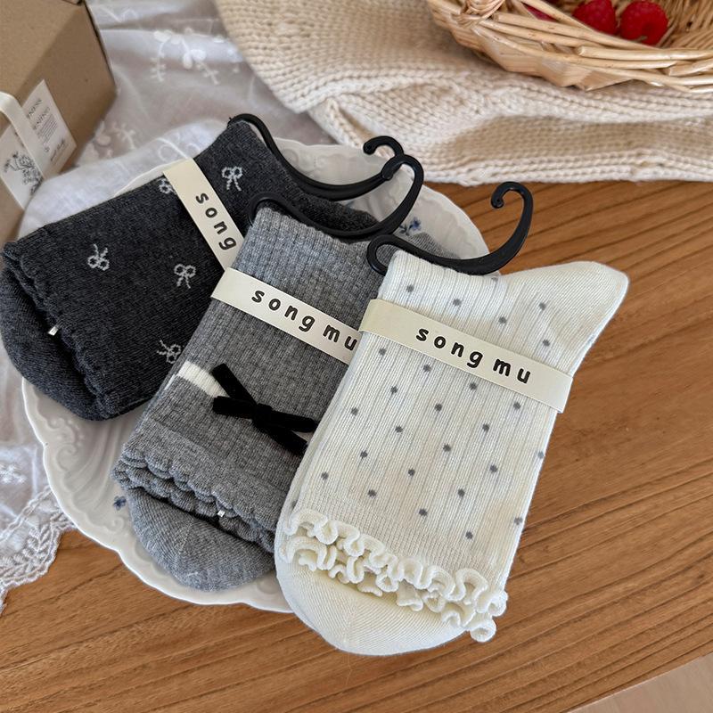 Grey Series "Boneless Socks Women's Mid-calf Socks Autumn and Winter Women's Bow Pile Socks