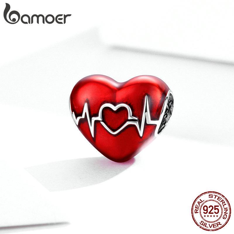 Bamoer Red Heart-shaped Enamel Beads 925 Sterling Silver Jewelry Unique Love Metal Charm Fit Original Bracelet