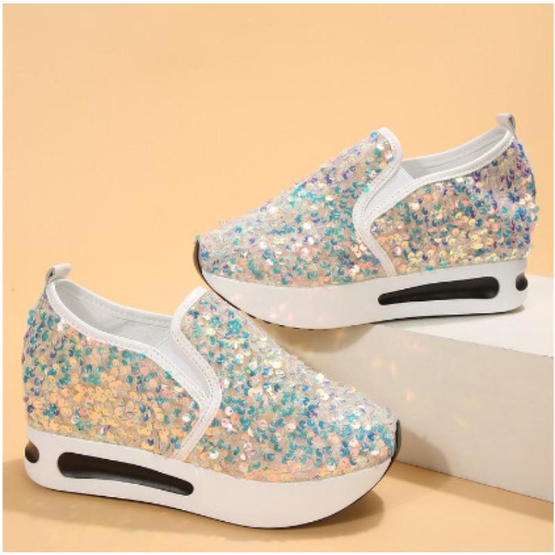 Women's fashion flat bottom inner height increase mesh yarn breathable casual single shoes support platform