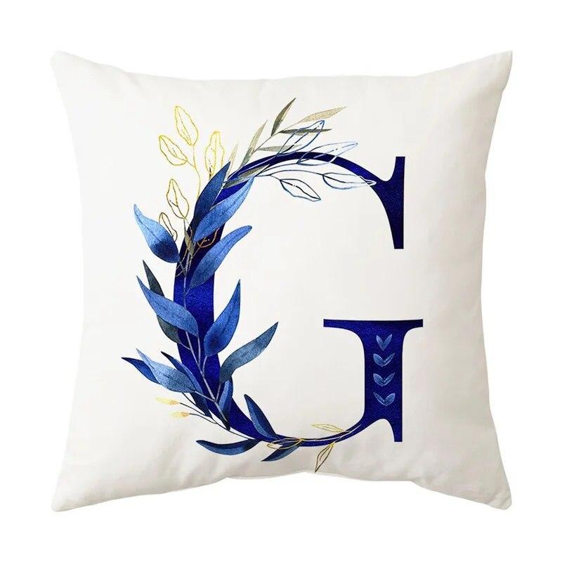 Blue Plant Alphabet Print Pattern Cushion Cover Home Living Room Sofa Decoration Square Throw Pillow Pillow Cover 45x45cm