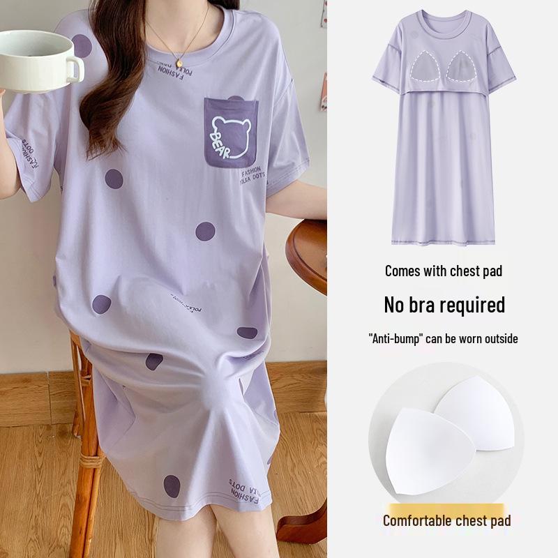 Women's Summer Modal Pajamas: Short Sleeve, Thin Style, with Chest Pads, Round Neck – Sweet Student Homewear