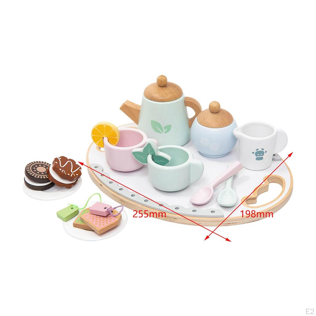 Wooden Tea Set for Little Girls Wood Toy 16 Pieces Kids Kitchen Accessories Play Food